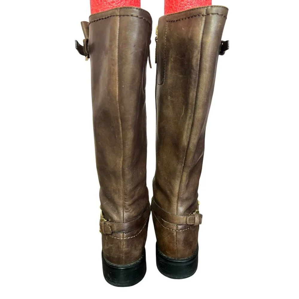 Brown Ecco Leather Tall Riding Boots With Buckle & Side Zipper